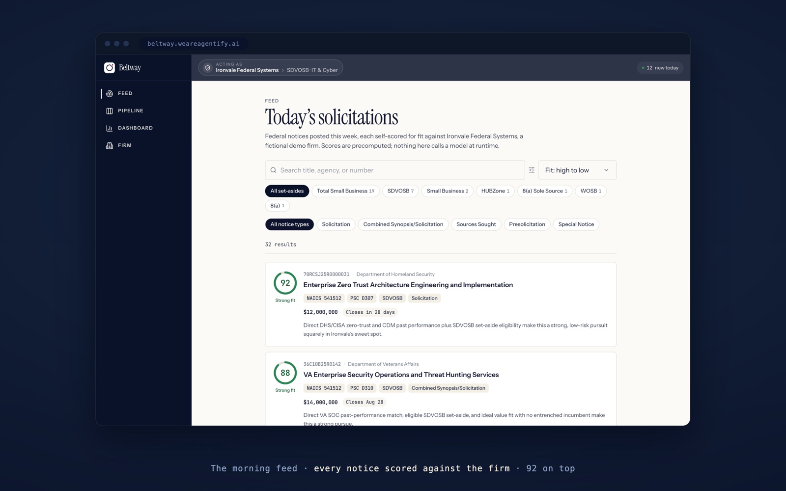 The Beltway feed: 32 federal solicitations already scored on arrival, fit badges from 92 down, set-aside and notice-type filters