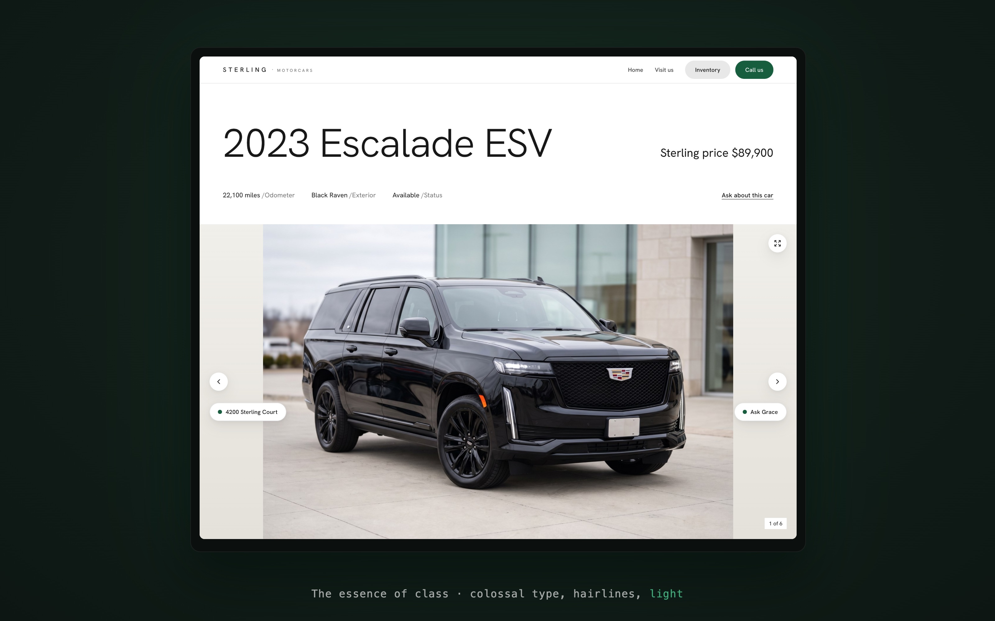 The DealerFlow design language: white canvas, colossal thin type, chiaroscuro photography bands
