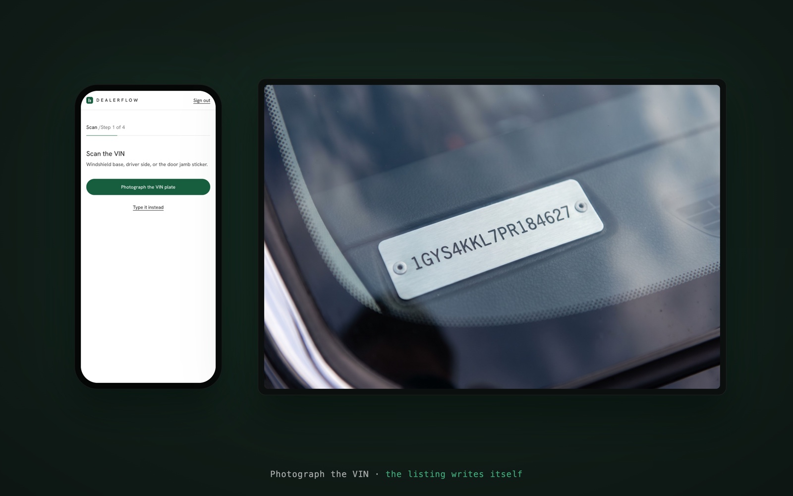 The VIN scan screen: Gemini Vision reads 17 characters off the plate and the federal NHTSA decoder fills every field
