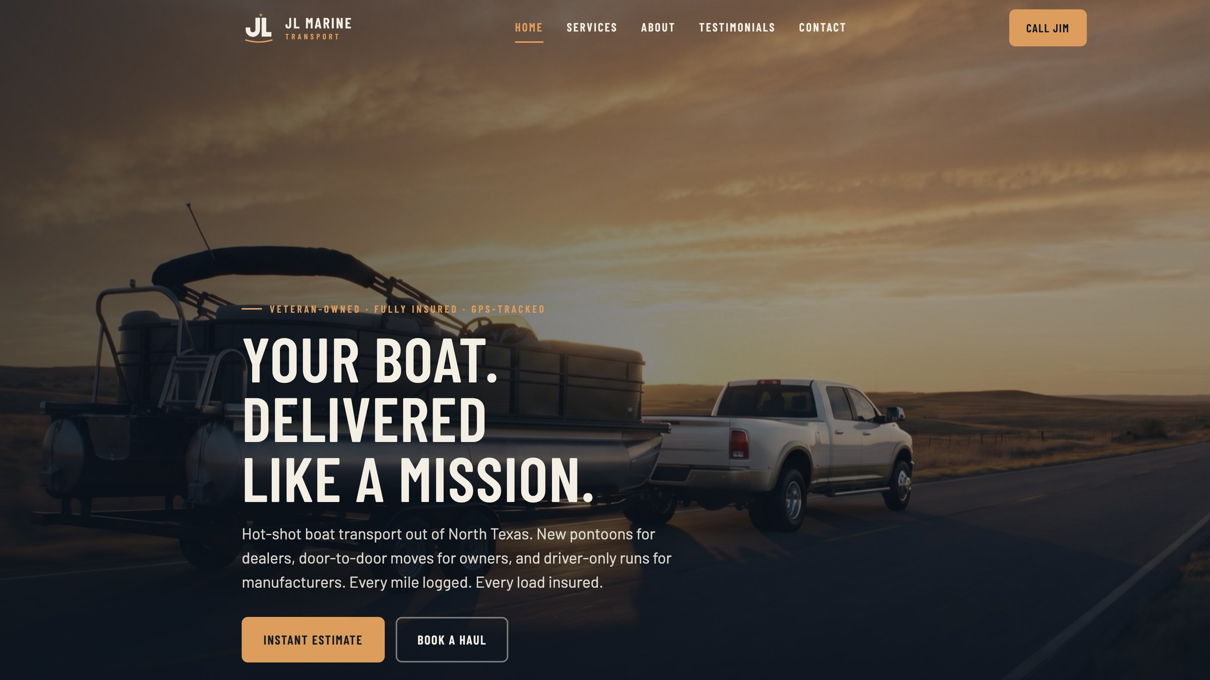 JL Marine Transport: the site hero with the truck towing a pontoon at sunset