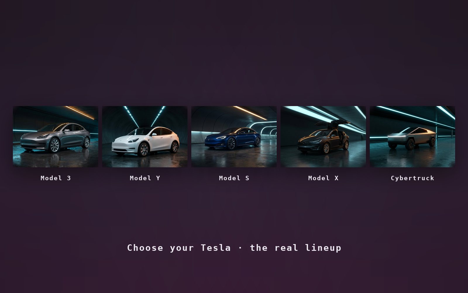 The Loop fleet screen: five cars rendered hyperreal in one locked art direction, each with a live fare and ETA