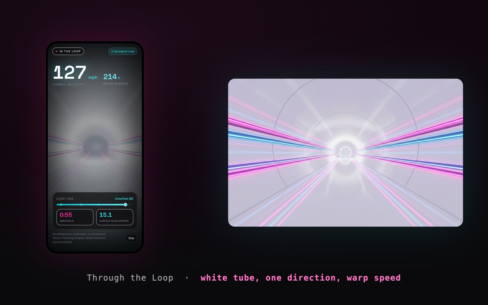 The Loop ride screen: a first-person view through a seamless white tunnel with pink and blue neon and live telemetry