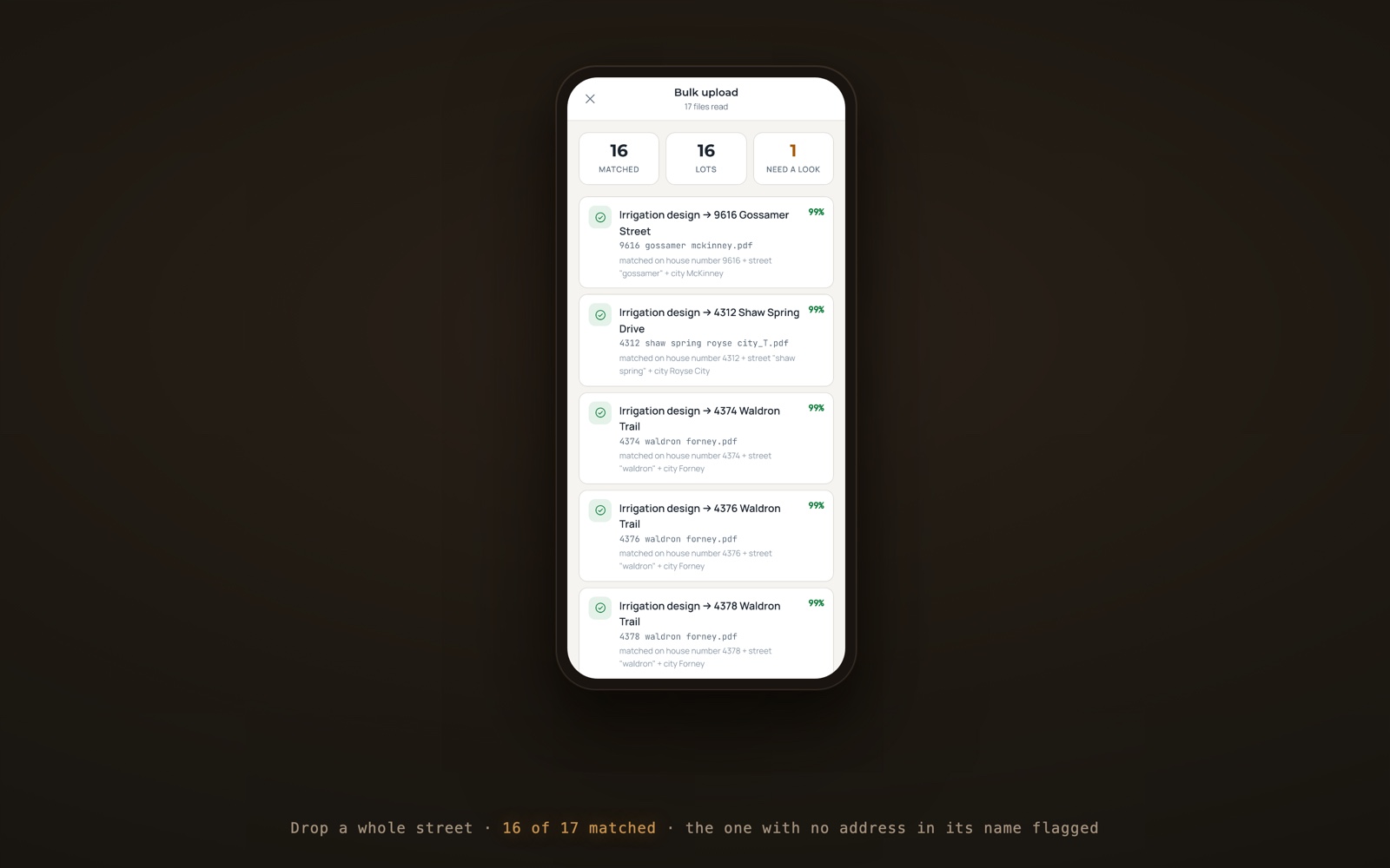 The Lotline bulk upload screen: a street of files dropped at once, each matched to its lot with the reason stated and one flagged for review