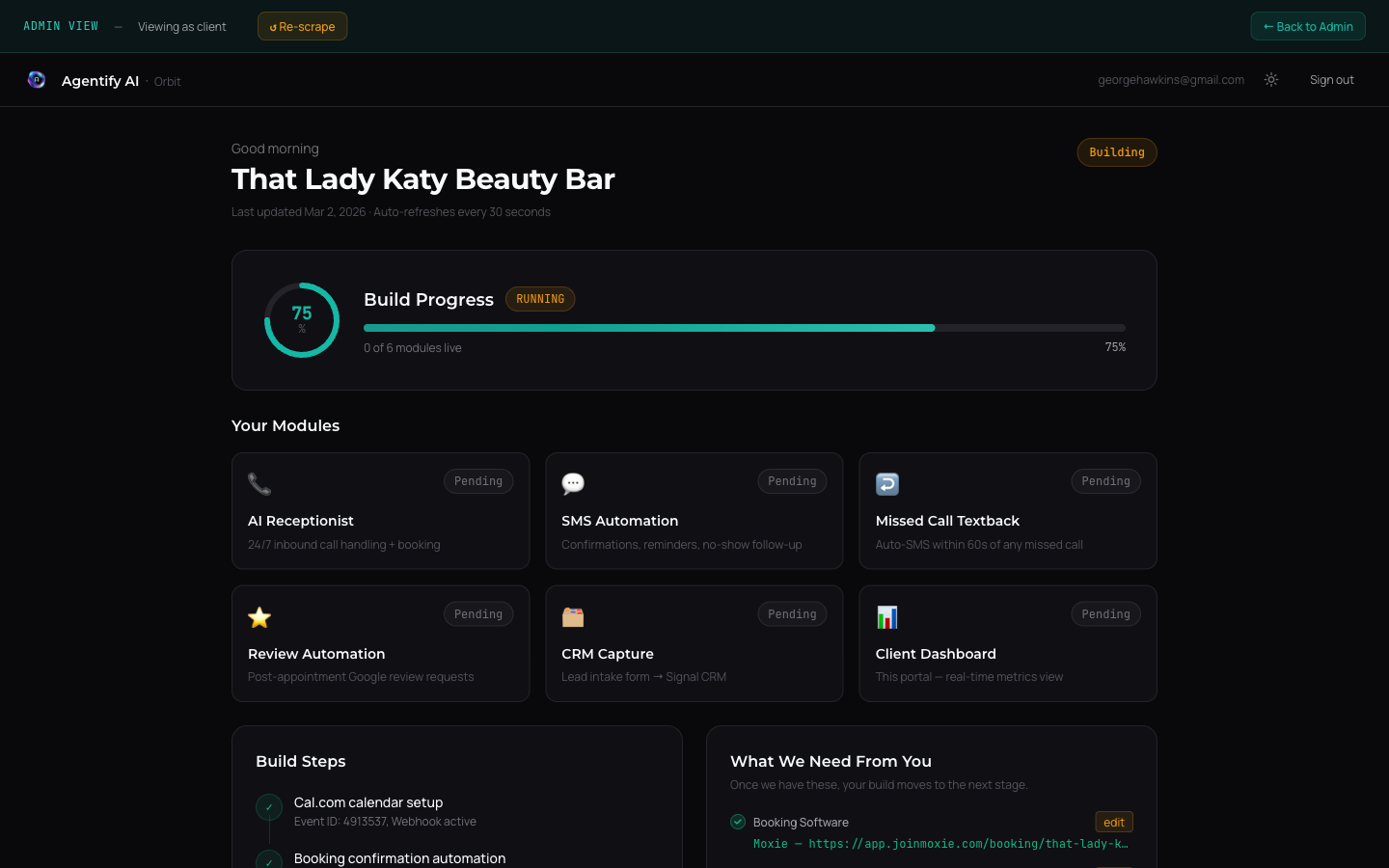 Orbit admin view showing That Lady Katy Beauty Bar build with 6 modules tracked in real time