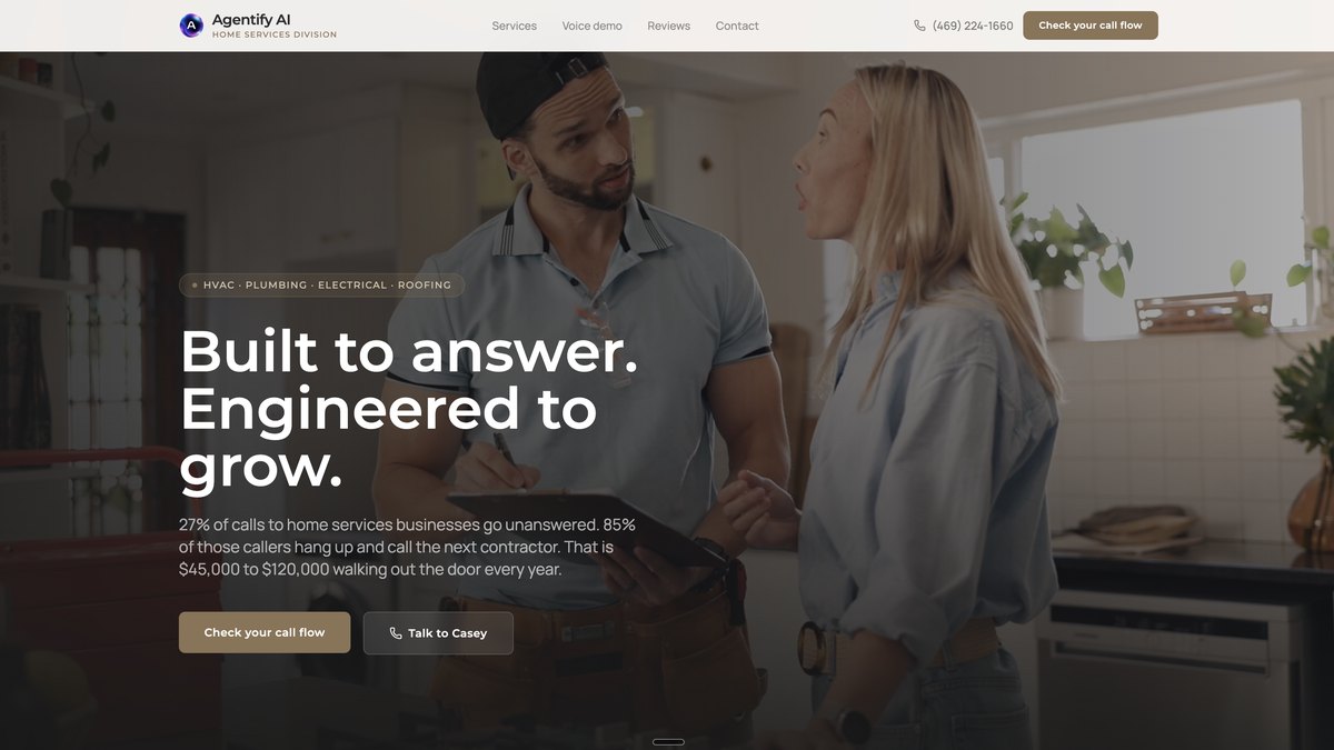 The Home Services division of the Agentify AI platform, where voice agent Casey answers every call
