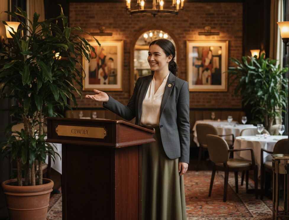 A restaurant dining room at night, the setting for the Agentify AI platform's automatic reservation confirmations and waitlist backfill