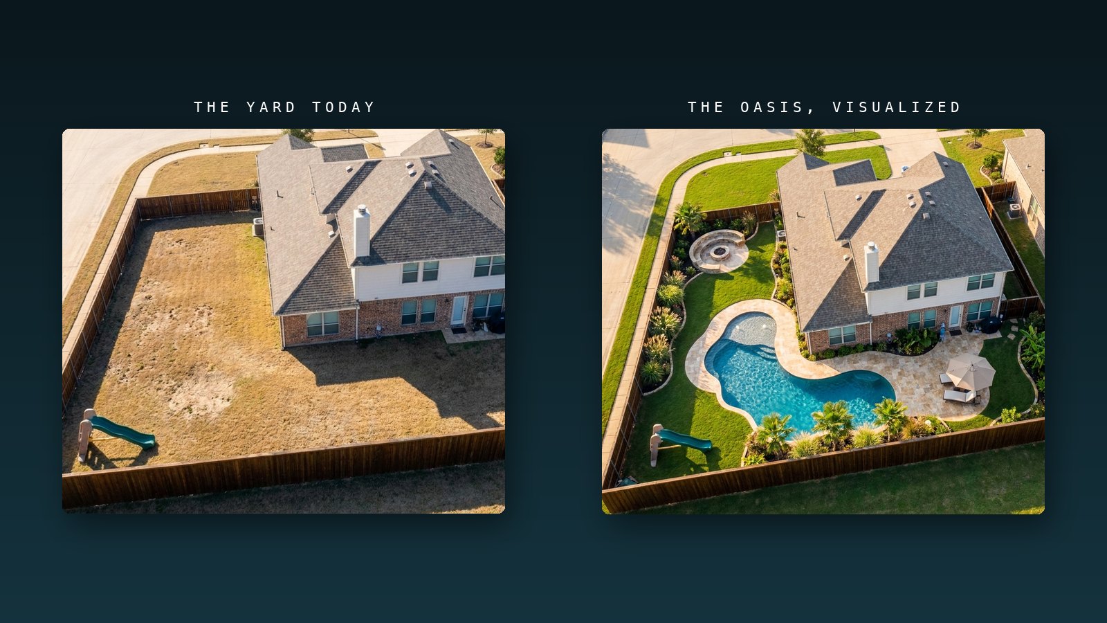 Pool Visualizer: a Rockwall, Texas backyard beside its AI-visualized pool