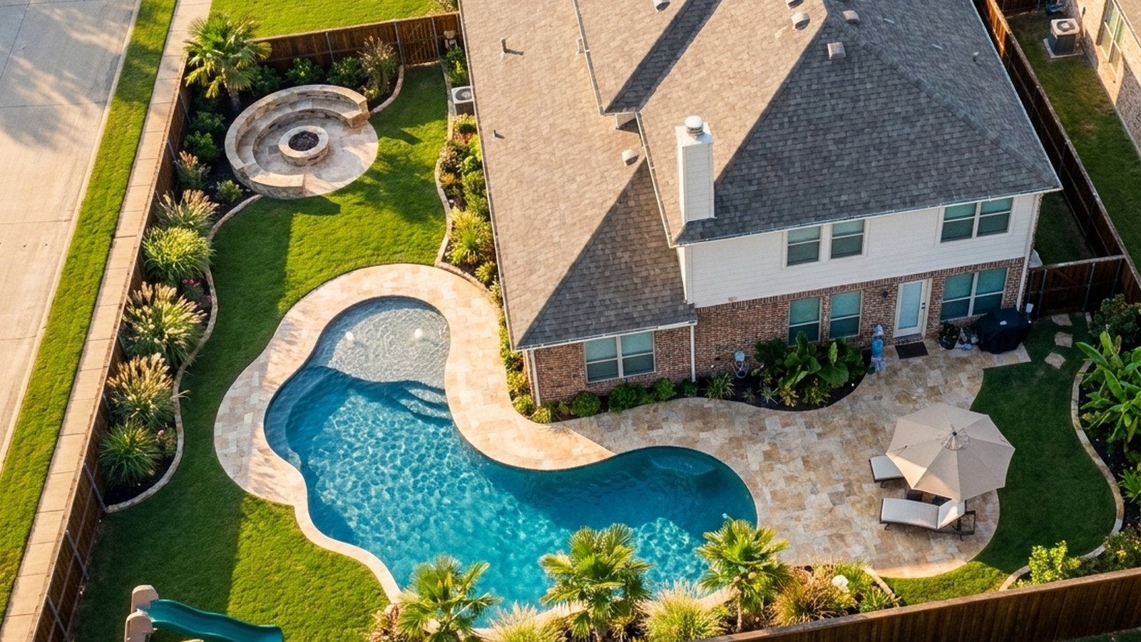 The same backyard styled with the Backyard Oasis preset: tanning ledge, fire pit, and travertine deck