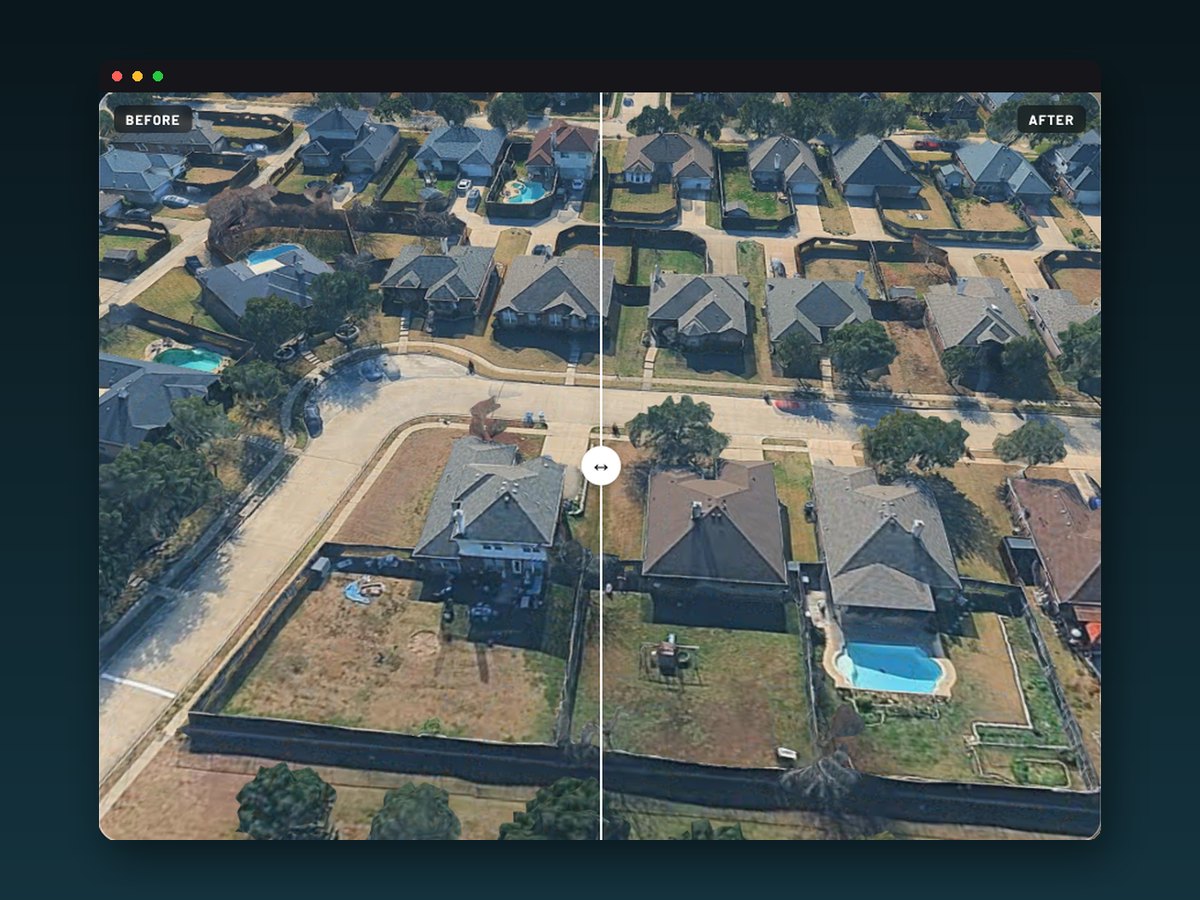 The before-and-after slider on the buyer's actual house, the pool the only difference between the two sides