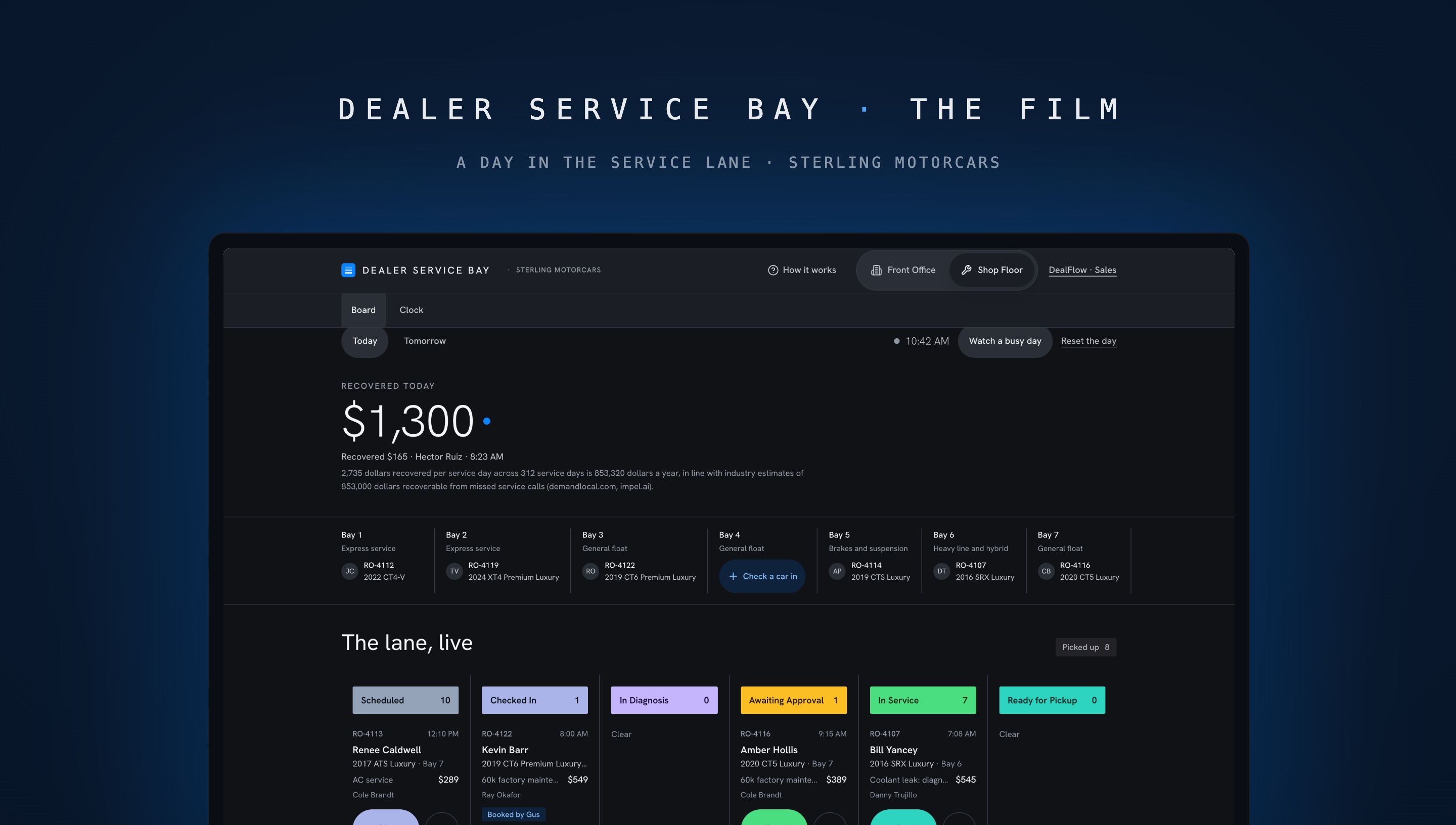 Poster frame of the Sterling Motorcars film: a small dealership service lane at the start of the day