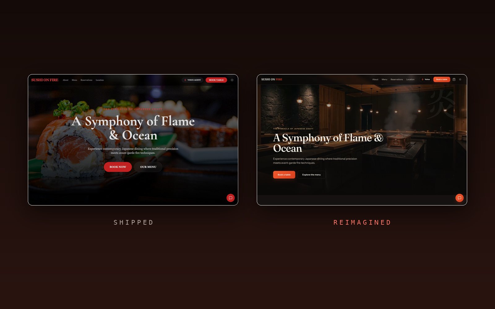 The first build of Sushi On Fire beside the reimagined version: the same restaurant with a different standard of light, type, and appetite