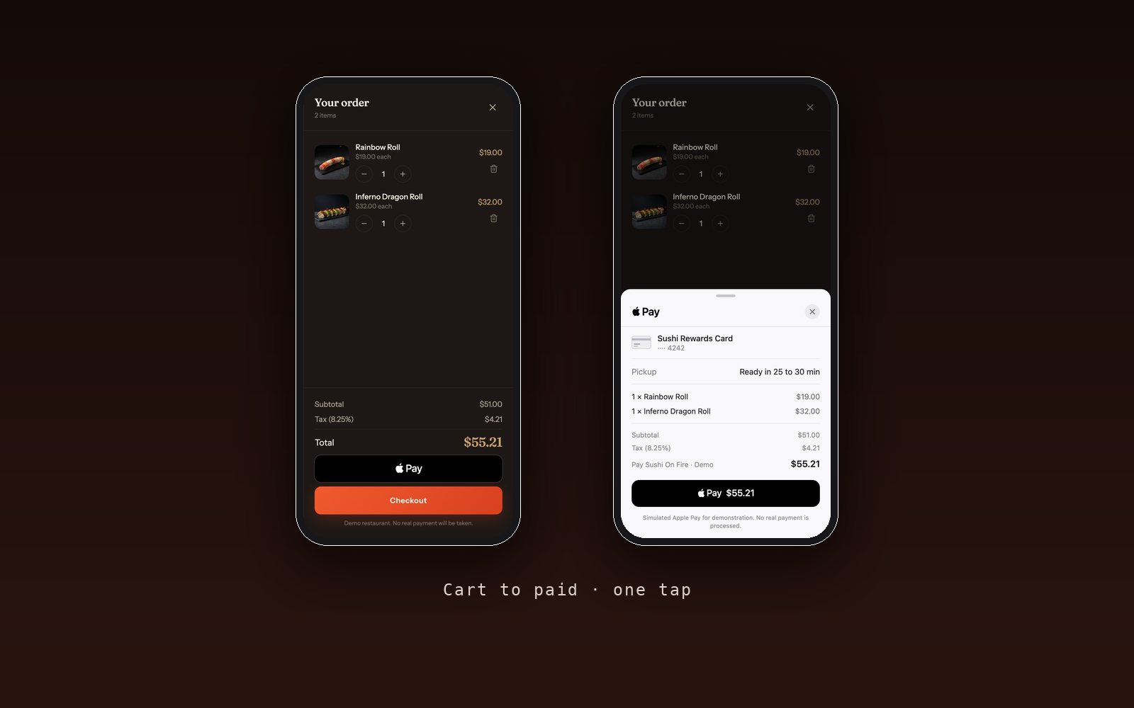 The simulated Apple Pay sheet on the Sushi On Fire checkout, asking for a Face ID confirm