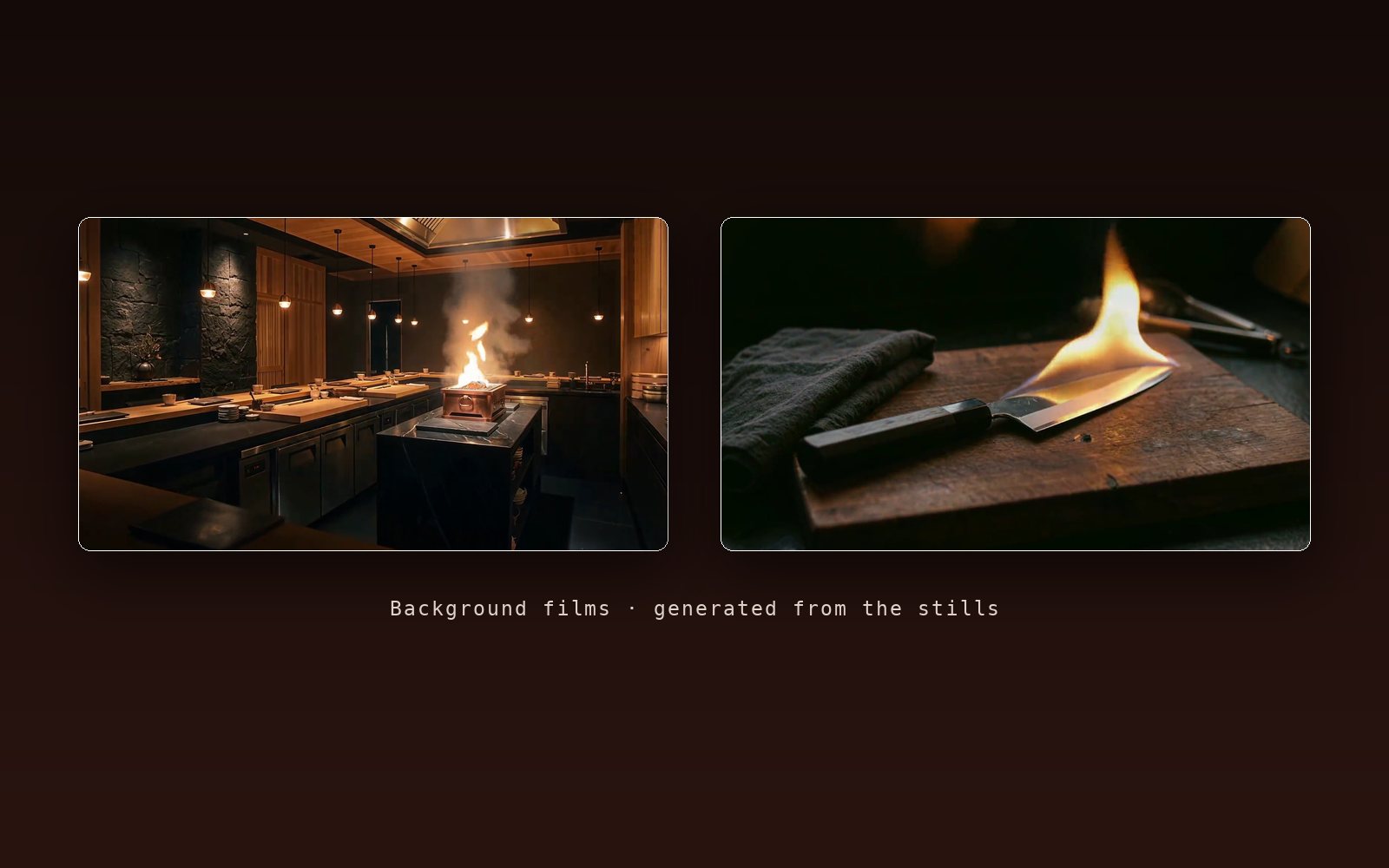 The Sushi On Fire dining room film breathing smoke and ember behind the hero section