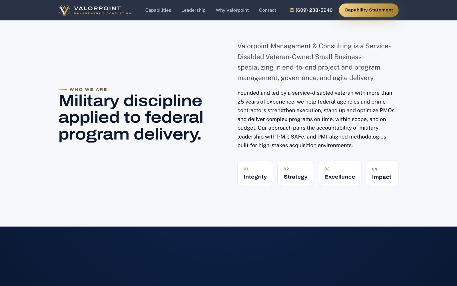 The Valorpoint capabilities section on desktop, showing core competencies and company values