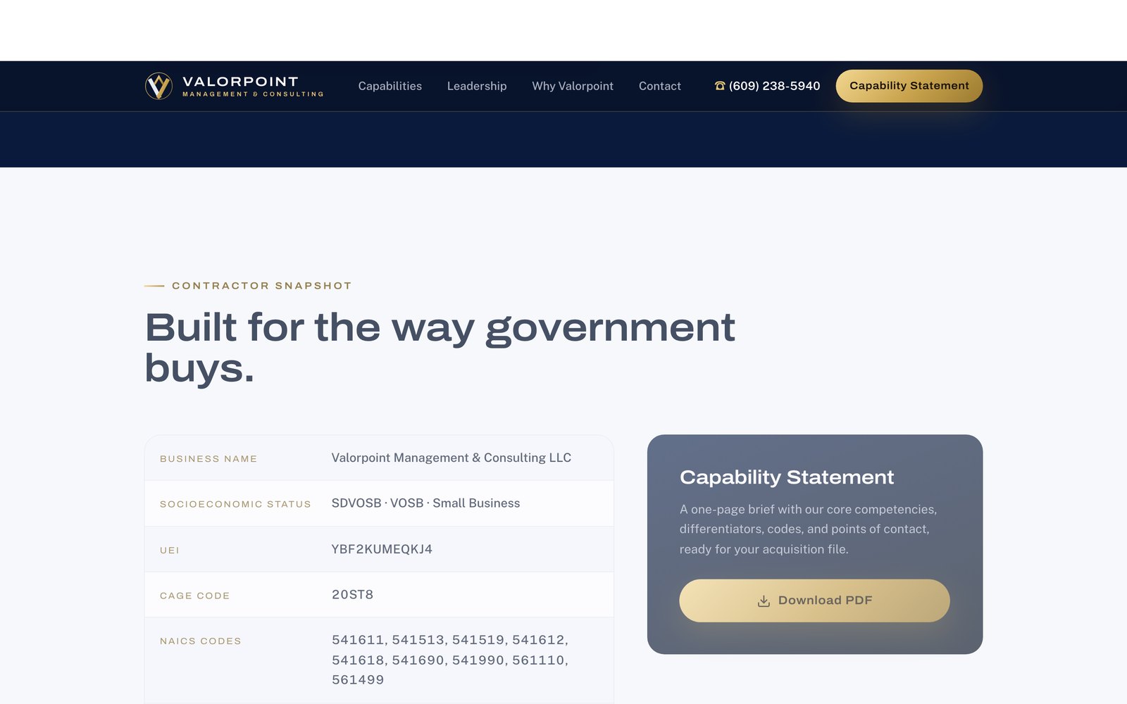 The Valorpoint contractor snapshot: business name, socioeconomic status, UEI, CAGE code, NAICS and PSC codes, set-aside eligibility and a downloadable capability statement