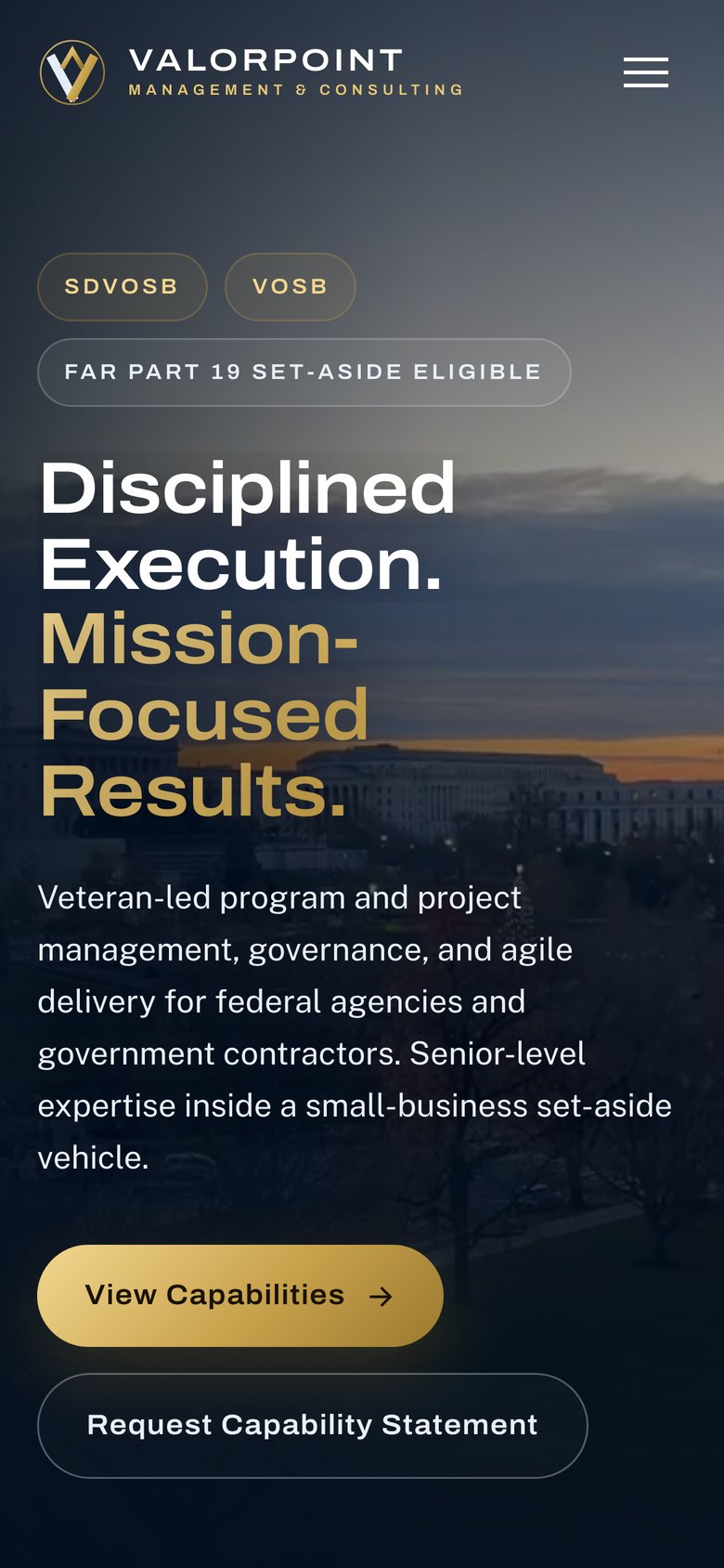 The Valorpoint site on a phone, showing the hero, set-aside badges and capability statement call to action