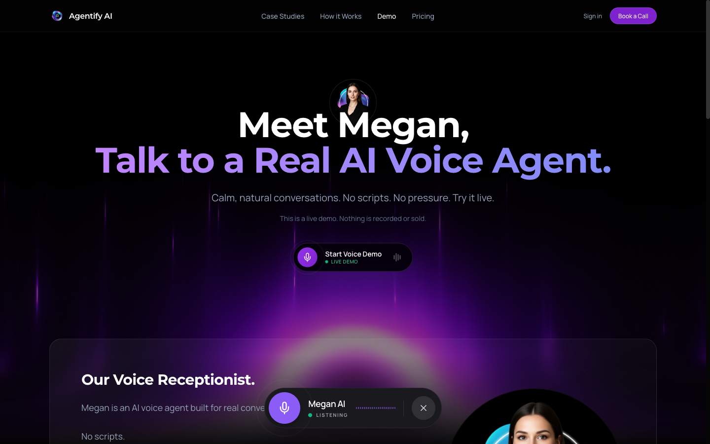 Megan, the AI voice agent demo on the Agentify website where visitors can talk to a live AI receptionist