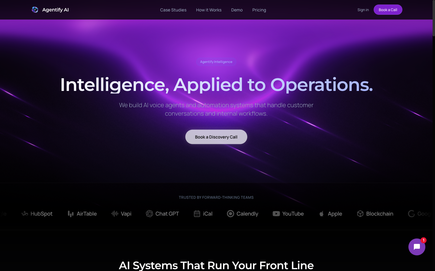 The Agentify AI homepage with animated hero, conversion-optimized layout, and real-time form-to-CRM pipeline