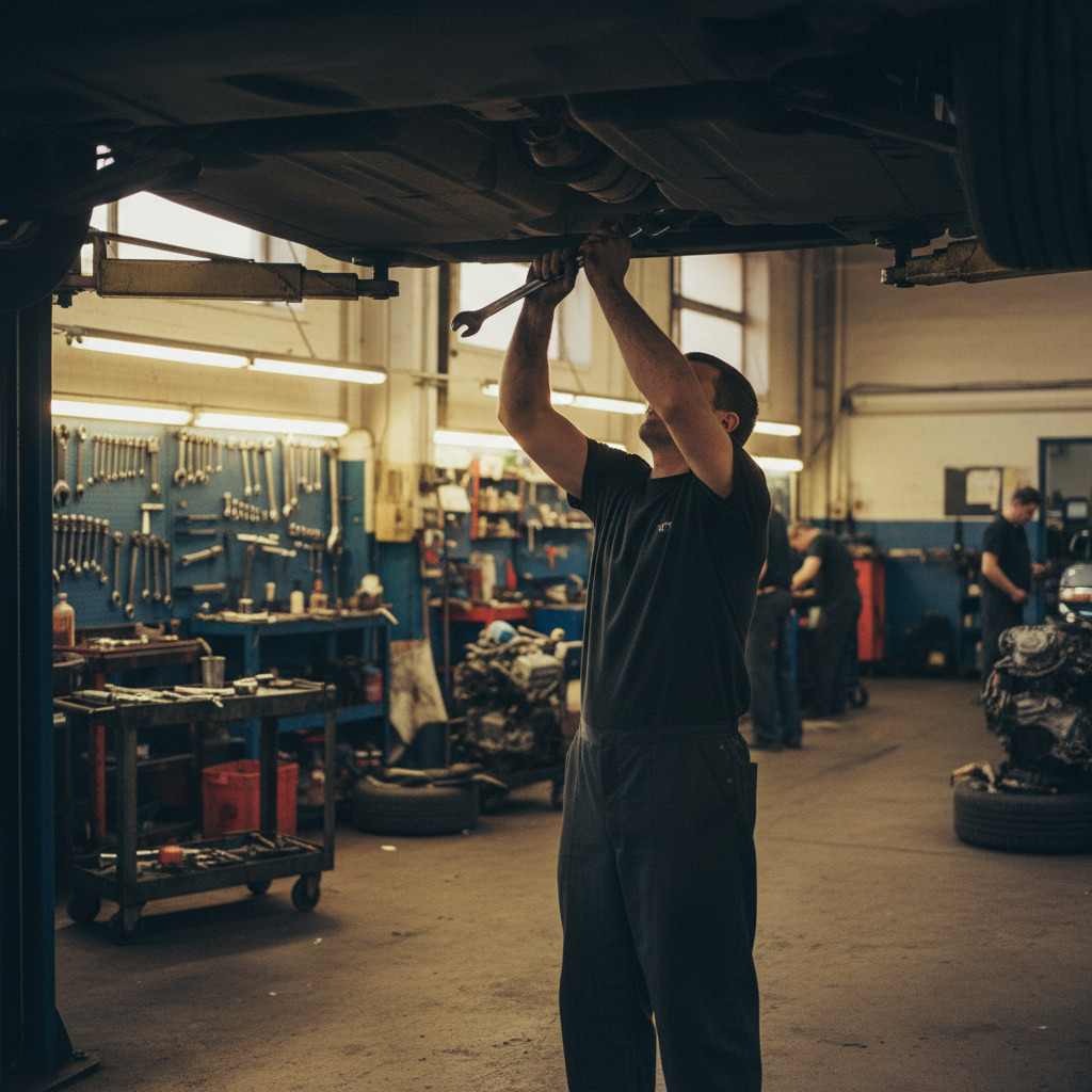 Mechanic working under a car on a lift