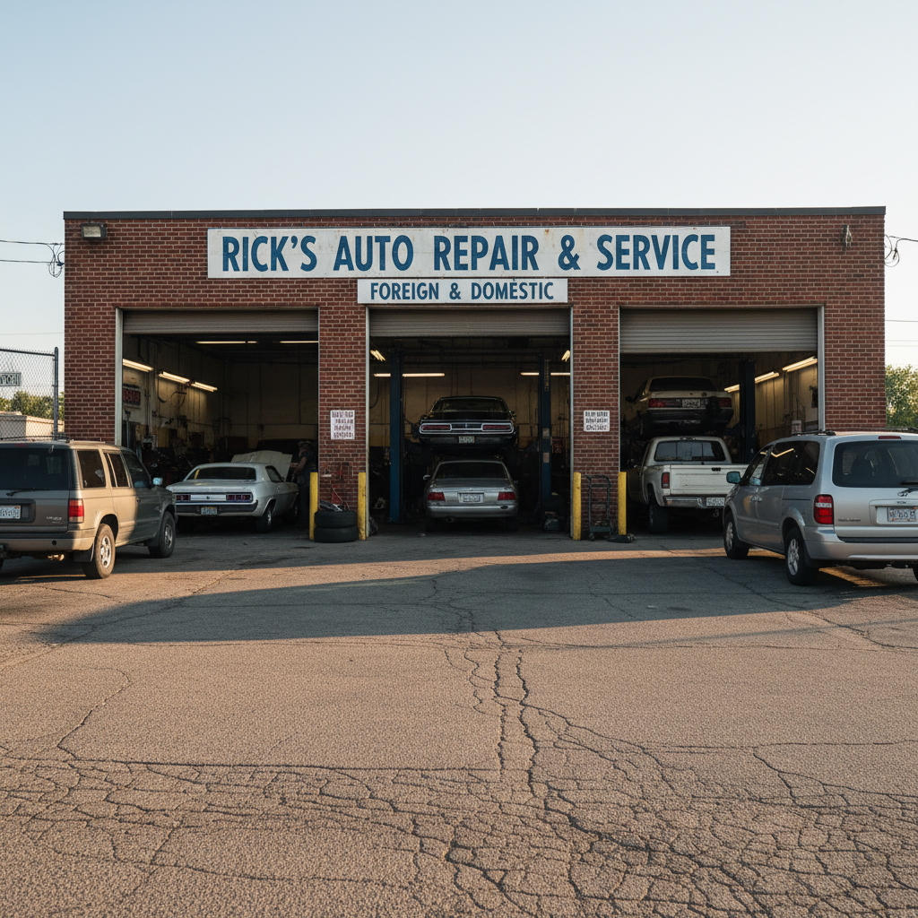 Auto repair shop exterior with bay doors open